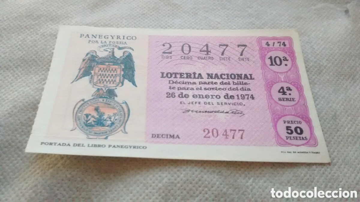 Lotaria Nacional: DECIMO DE LA LOTERIA NACIONAL. SORTEO 26 ENERO 1974 4/74 PORTADA DEL LIBRO PANEGYRICO