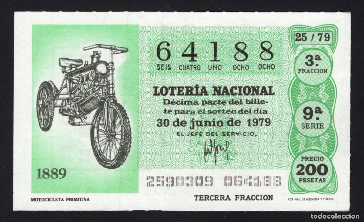 Nationale spanische Lotterie: L. Nacional 30 Junio 1979. Motocicleta Primitiva. N&ordm; 64188. Admon 2 Sonsoles. &Aacute;vila. Desaparecida.