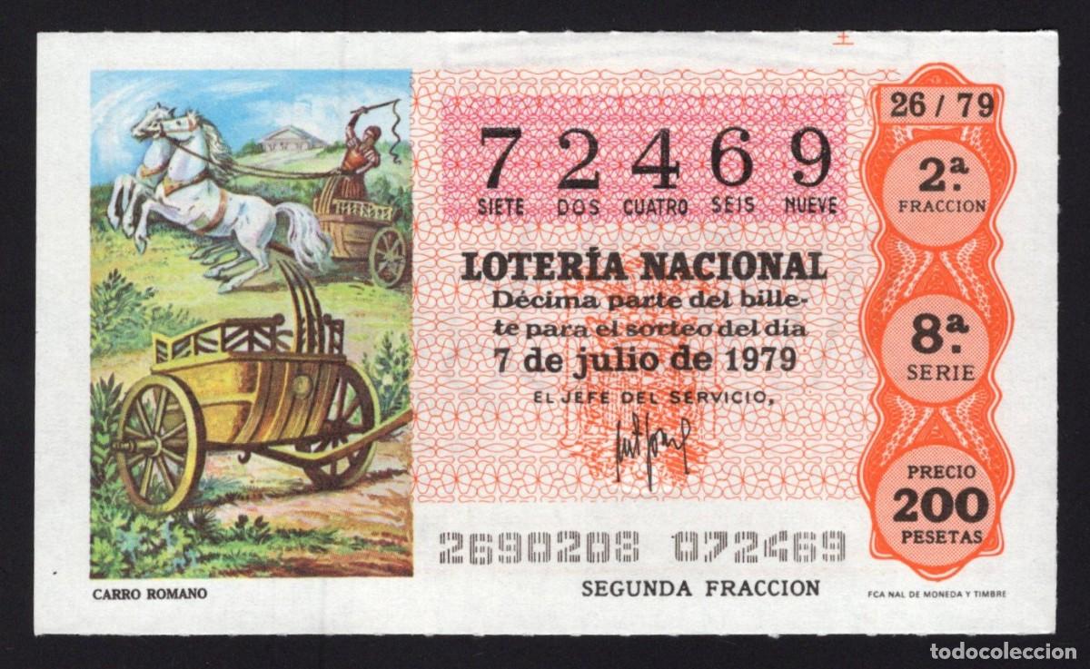 National Spanish Lottery: L. Nacional 7 Julio 1979. Carro Romano. N&ordm; 72469. Admon n&ordm; 12. Conchita. Madrid. Desaparecida.