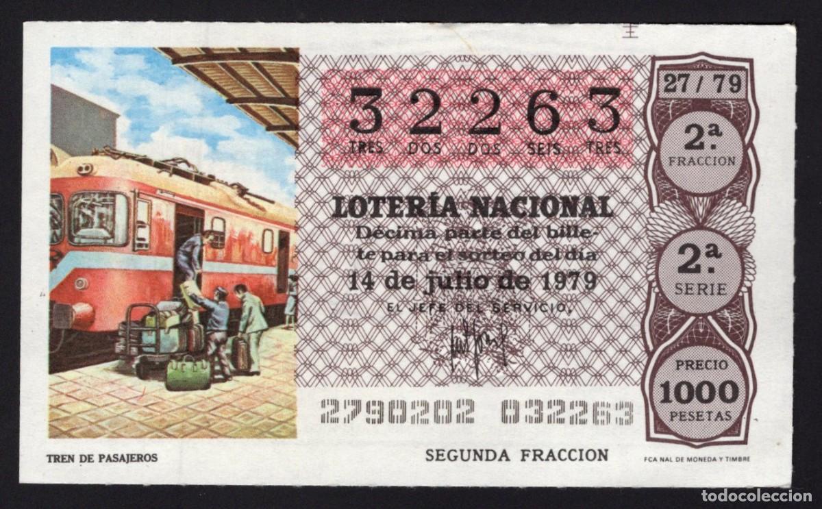 National Spanish Lottery: L. Nacional 14 Julio 1979. Tren Pasajeros. N&ordm; 32263. Admon n&ordm; 51. Madrid. Desaparecida.