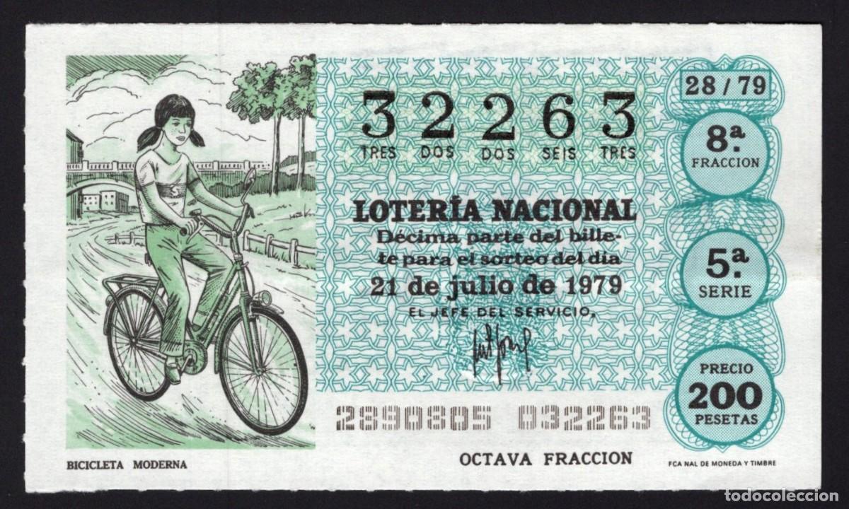 National Spanish Lottery: L. Nacional 21 Julio 1979. Motocicleta Moderna. N&ordm; 32263. Admon n&ordm; 51. Madrid. Desaparecida.