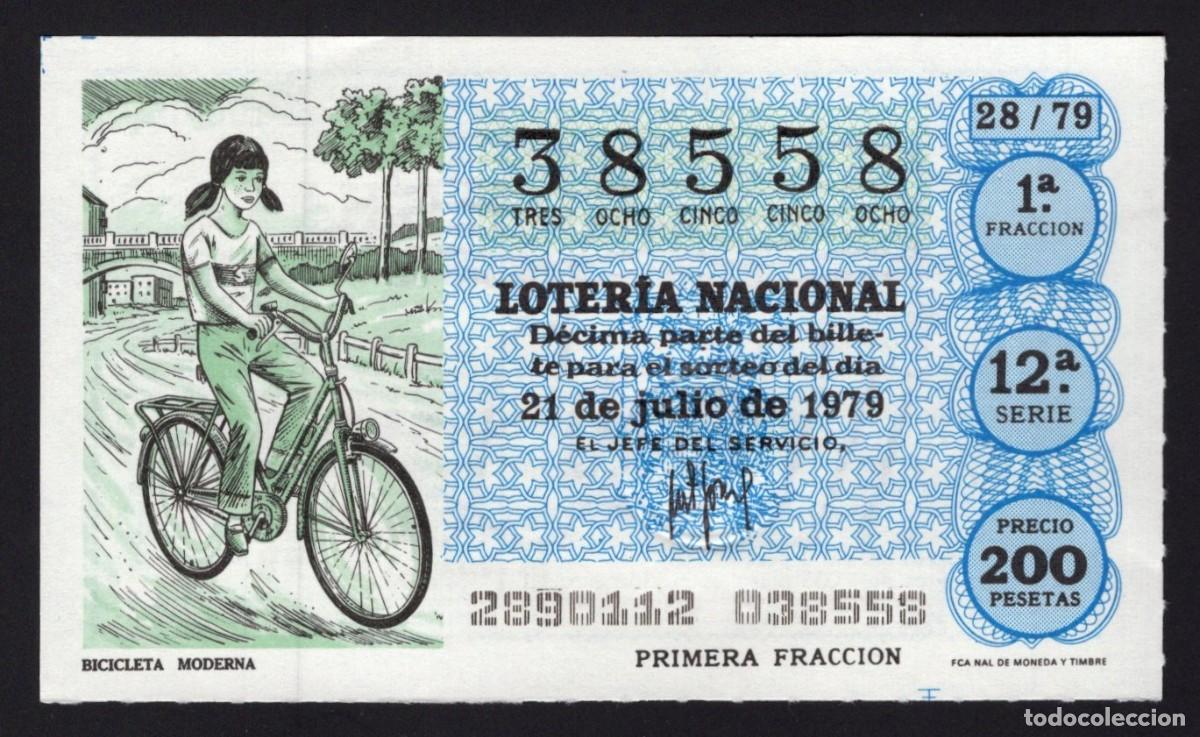 National Spanish Lottery: L. Nacional 21 Julio 1979. Motocicleta Moderna. N&ordm; 38558. Admon n&ordm; 12 Conchita. Madrid. Desaparecida