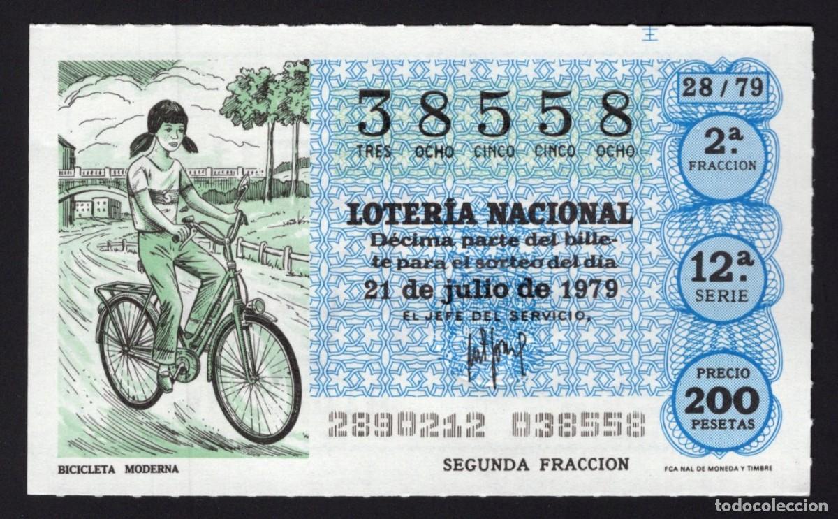 National Spanish Lottery: L. Nacional 21 Julio 1979. Motocicleta Moderna. N&ordm; 38558. Admon n&ordm; 12 Conchita. Madrid. Desaparecida