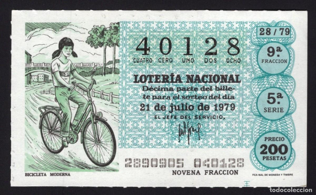 Nationale spanische Lotterie: L. Nacional 21 Julio 1979. Motocicleta Moderna. N&ordm; 40128. Admon n&ordm; 92. Madrid.