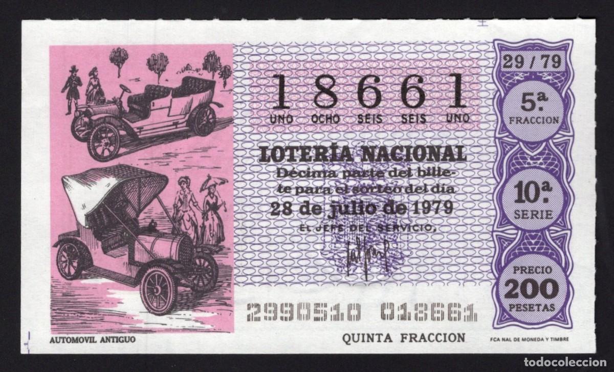 National Spanish Lottery: L. Nacional 28 Julio de 1979. Autom&oacute;vil moderno. n&ordm; 18661. Admon Sonsoles. &Aacute;vila. Desaparecida.