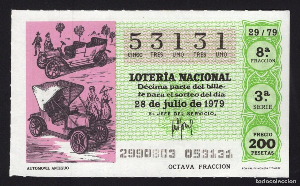 National Spanish Lottery: L. Nacional 28 Julio de 1979. Autom&oacute;vil moderno. n&ordm; 53131. Admon Sonsoles. &Aacute;vila. Desaparecida.