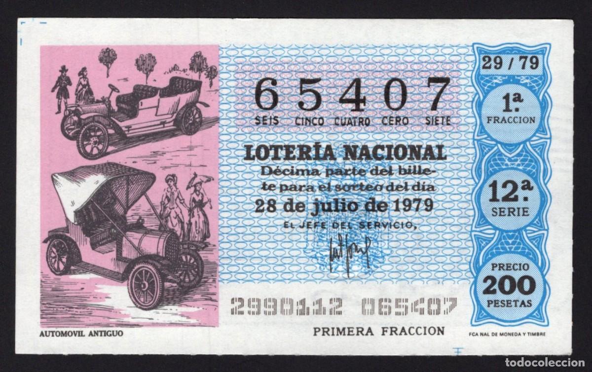 National Spanish Lottery: L. Nacional 28 Junio 1979. Autom&oacute;vil Antiguo. N&ordm; 65407. Admon n&ordm; 98. Madrid. Desaparecida.