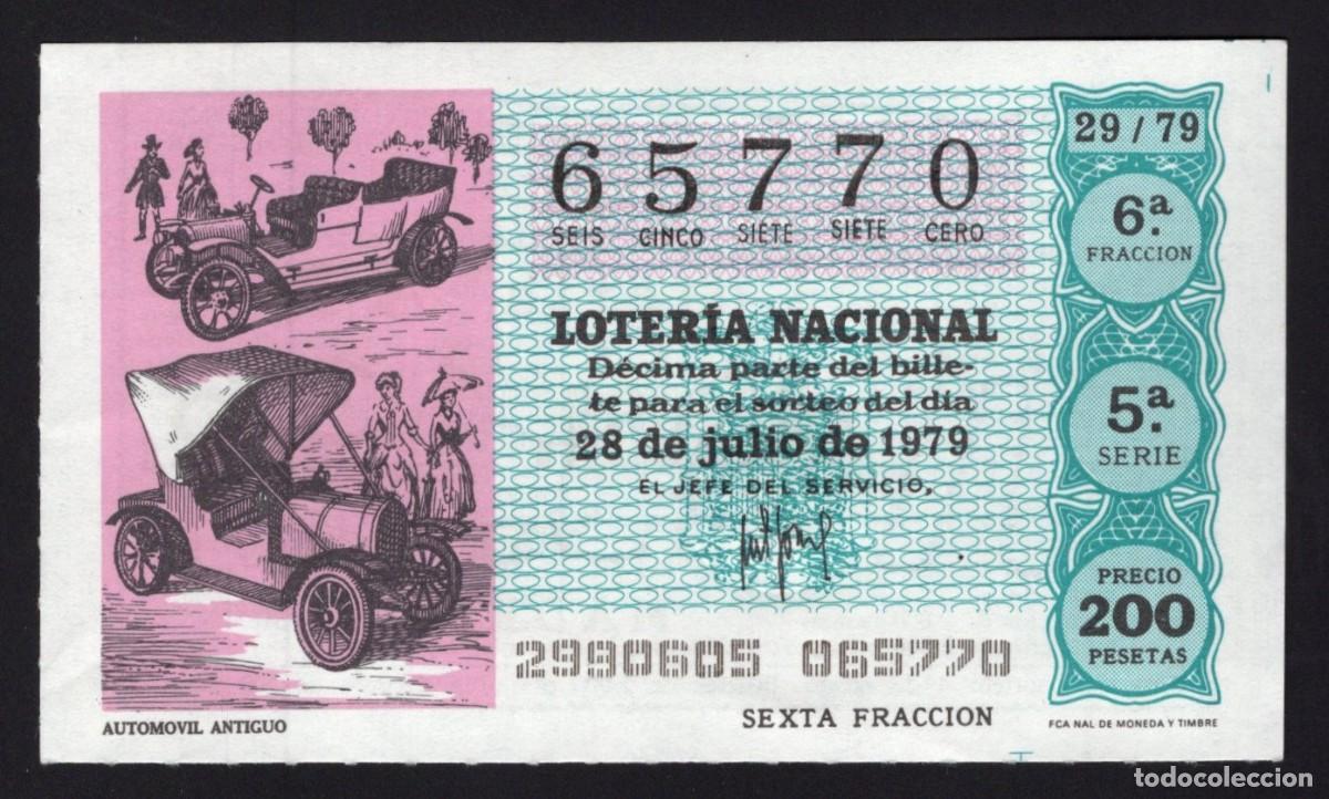 National Spanish Lottery: L. Nacional 28 Junio 1979. Autom&oacute;vil Antiguo. N&ordm; 65770. Admon 136 Ana. Madrid. Desaparecida.