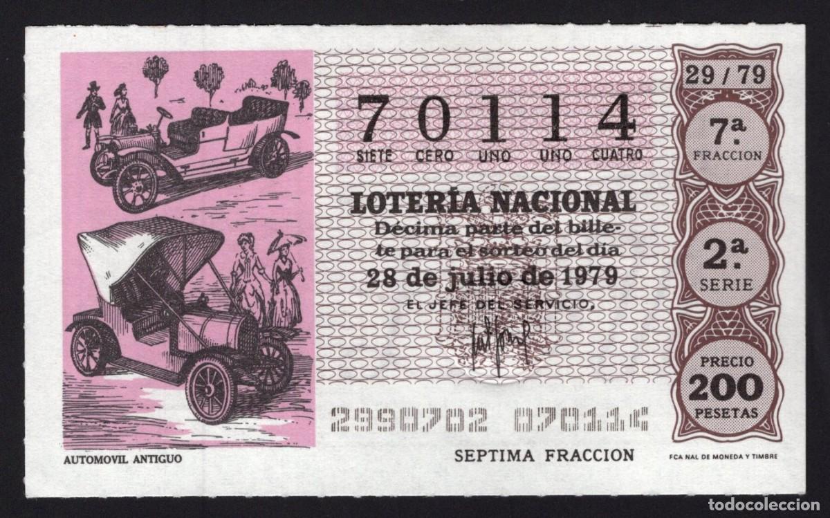 National Spanish Lottery: L. Nacional 28 Junio 1979. Autom&oacute;vil Antiguo. N&ordm; 70114. Admon Sonsoles. &Aacute;vila. Desaparecida.