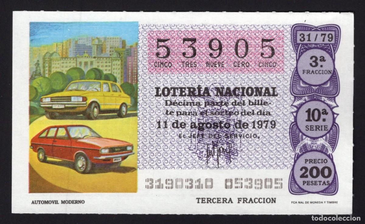 National Spanish Lottery: L . Nacional 11 Agosto 1979. Autom&oacute;vil Moderno. N&ordm; 53905. Admon n&ordm; 12. Conchita. Madrid. Desaparecid