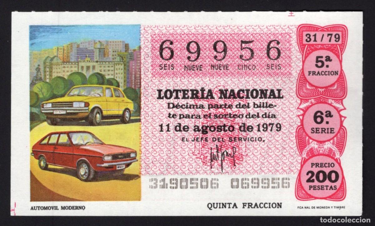 National Spanish Lottery: L . Nacional 11 Agosto 1979. Autom&oacute;vil Moderno. N&ordm; 69956. Admon 2 Sonsoles. &Aacute;vila. Desaparecida.