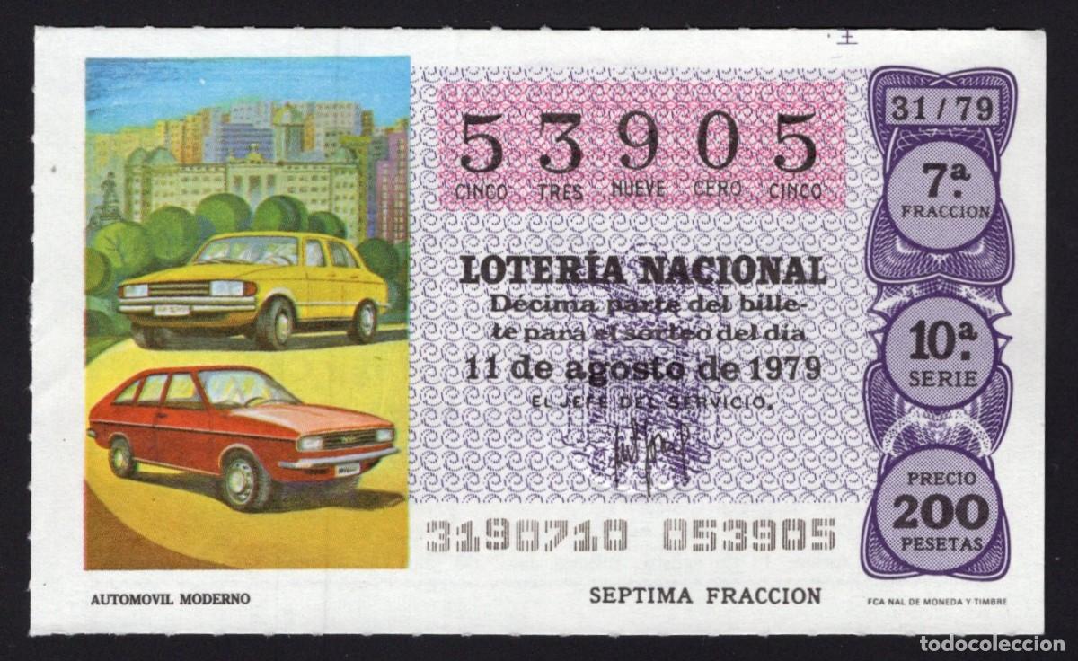 National Spanish Lottery: L . Nacional 11 Agosto 1979. Autom&oacute;vil Moderno. N&ordm; 53905. Admon n&ordm; 12. Conchita. Madrid. Desaparecid