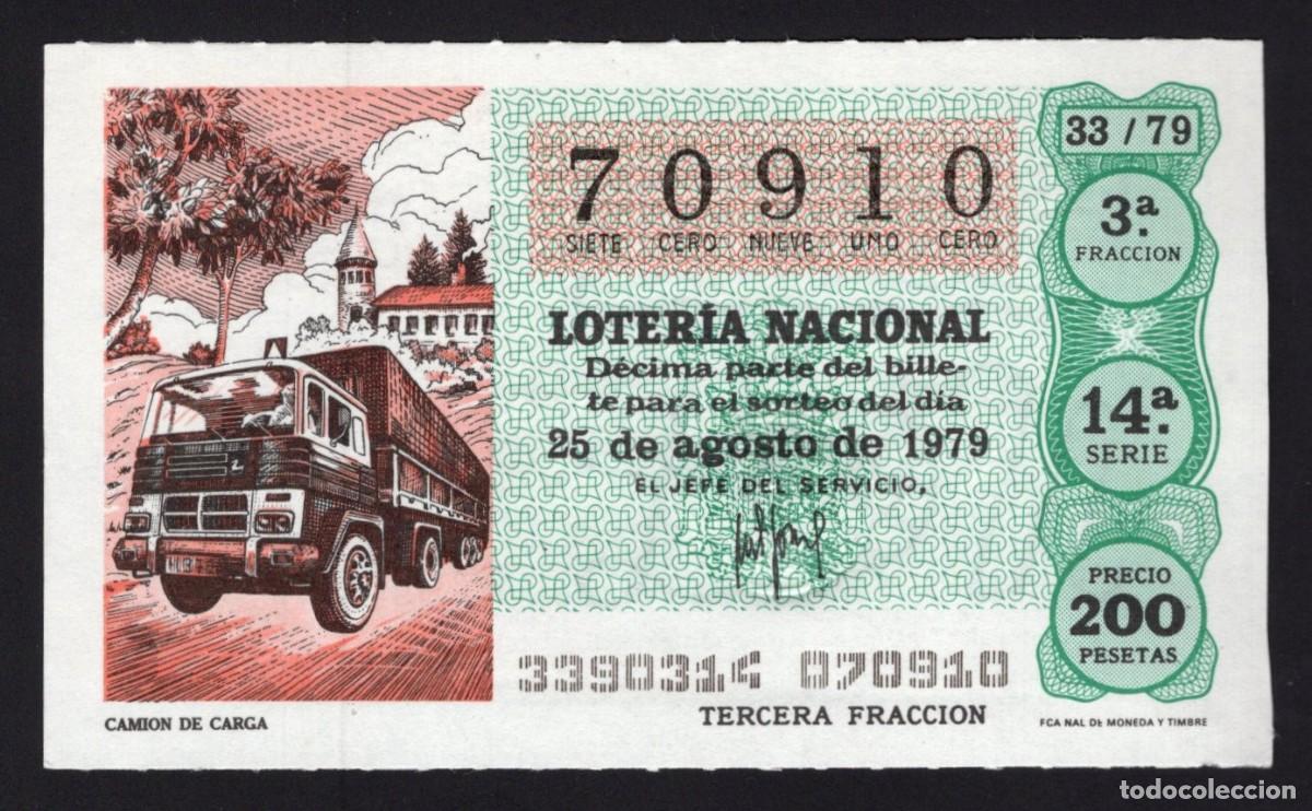 National Spanish Lottery: L. Nacional 25 Agosto 1979. Cami&oacute;n de carga. N&ordm; 70910. Admon Alhambra. Madrid. Desaparecida.