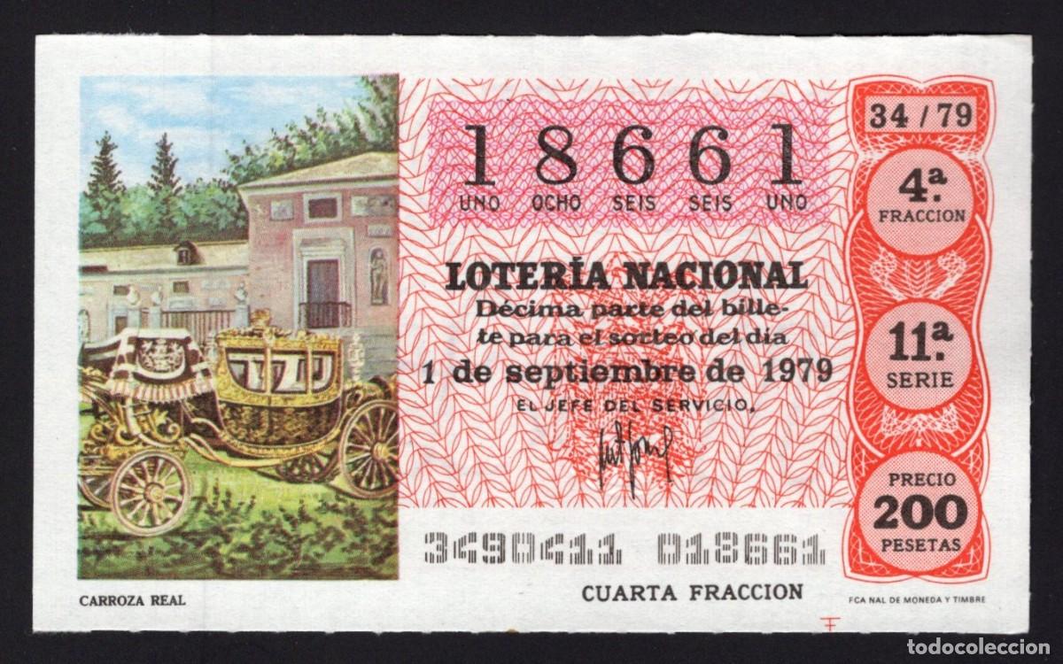 National Spanish Lottery: L. Nacional 1 Septiembre 1979. Carroza Real. N&ordm; 18661. Admon 2 Sonsoles. &Aacute;vila. Desaparecida.