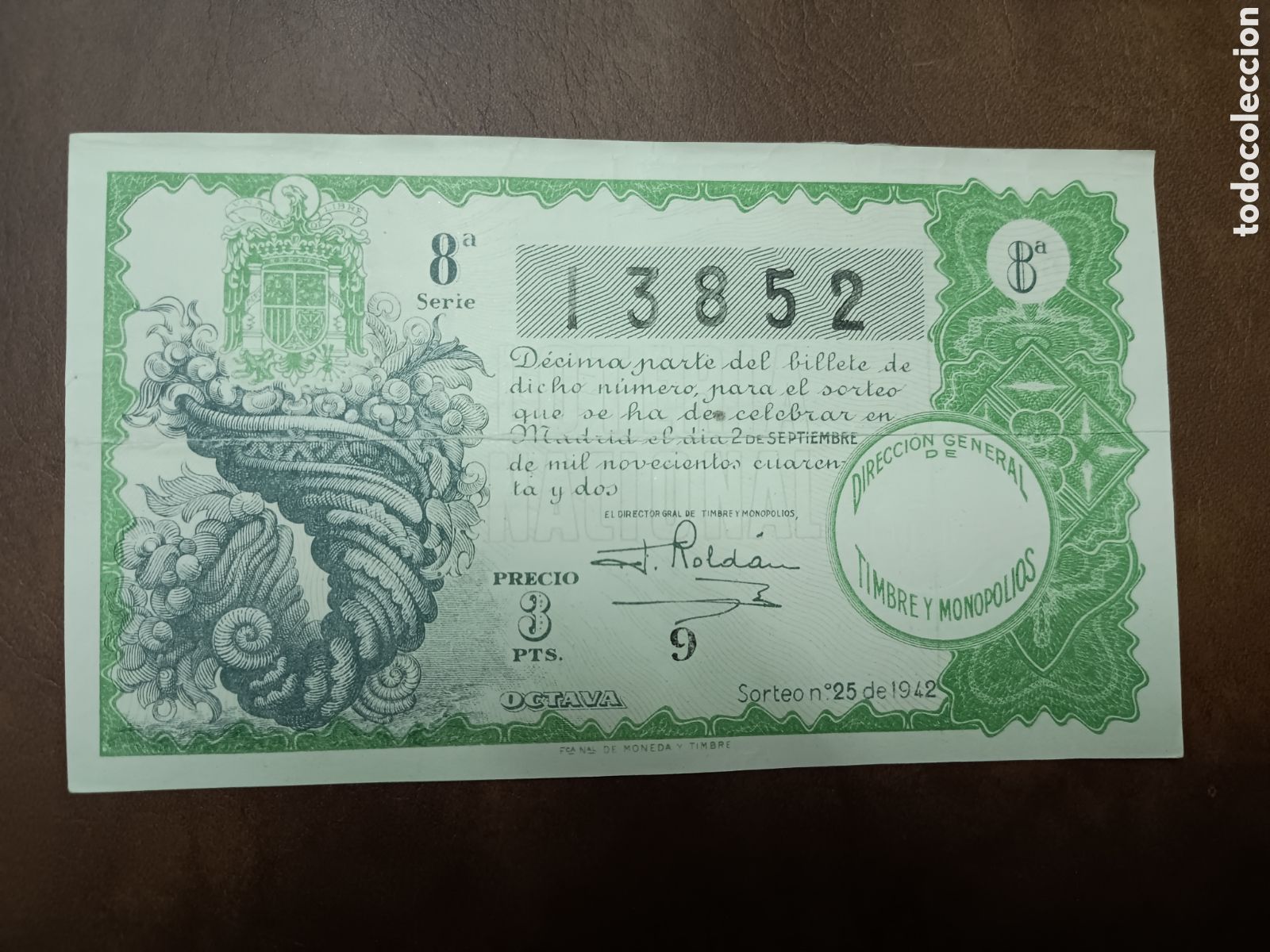 National Spanish Lottery: LOTER&Iacute;A NACIONAL N&ordm; 13852 - 2 SEPTIEMBRE 1942 - SORTEO N&ordm; 25
