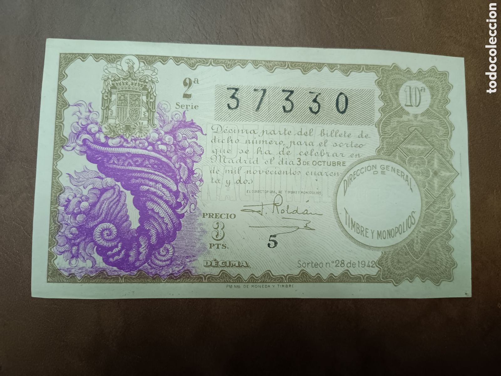National Spanish Lottery: LOTER&Iacute;A NACIONAL N&ordm; 37330 - 3 OCTUBRE 1942 - SORTEO N&ordm; 28