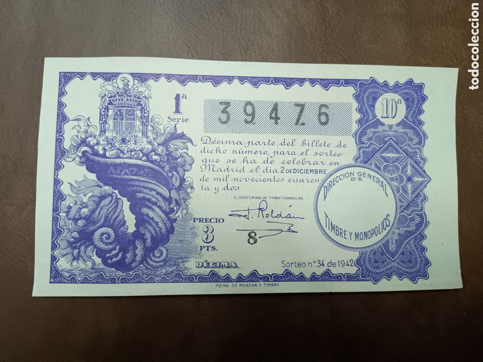 Lotaria Nacional: LOTER&Iacute;A NACIONAL N&ordm; 39476 - 2 DICIEMBRE 1942 - SORTEO N&ordm; 34