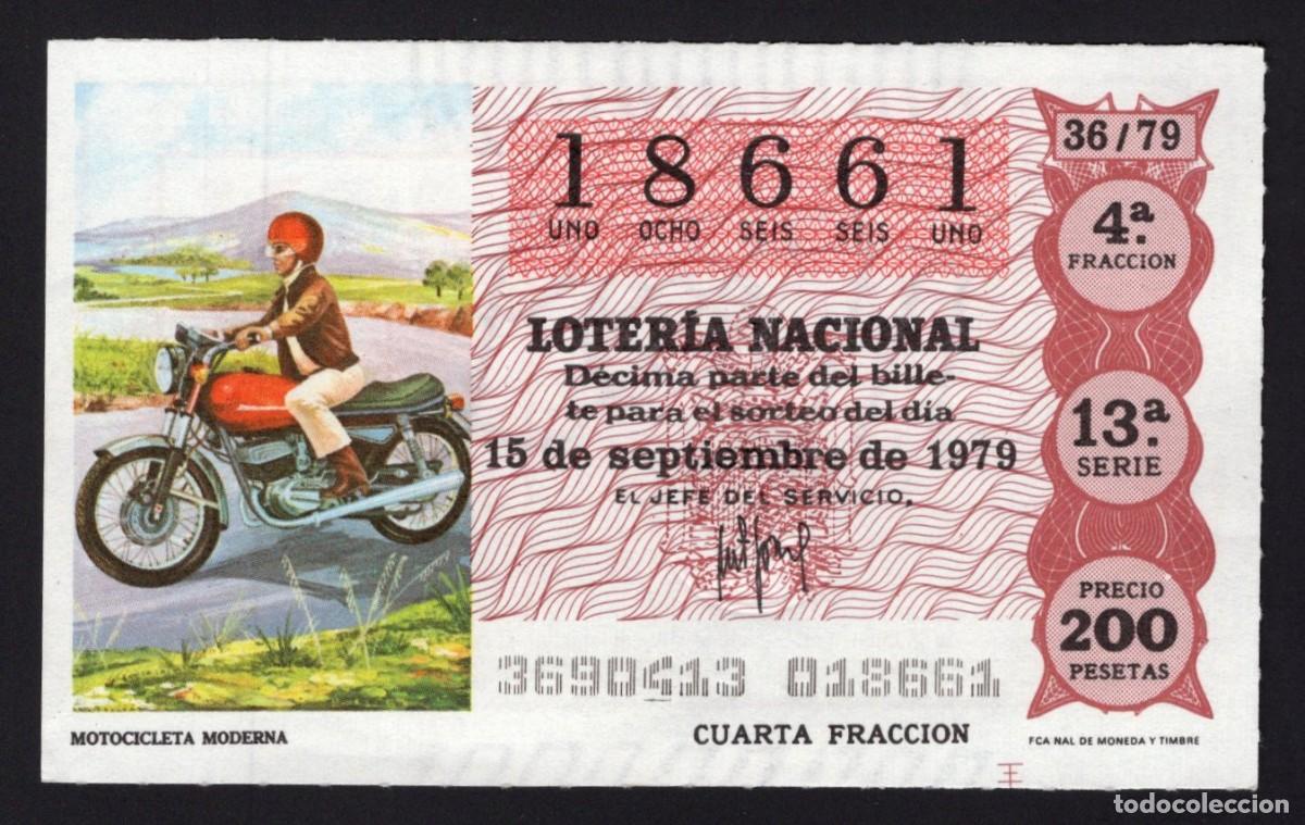 Lotaria Nacional: L. Nacional 15 Septiembre 1979. Motocicleta Moderna. N&ordm; 18661. Admon Sonsoles. &Aacute;vila. Desaparecida.