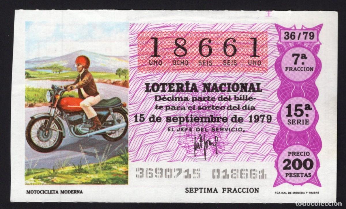 Lotaria Nacional: L. Nacional 15 Septiembre 1979. Motocicleta Moderna. N&ordm; 18661. Admon Sonsoles. &Aacute;vila. Desaparecida.