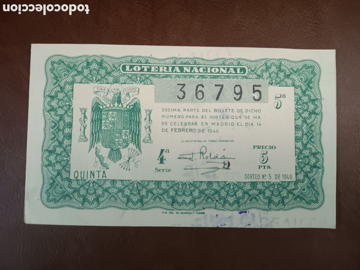 Lotaria Nacional: LOTER&Iacute;A NACIONAL N&ordm; 36795 - 14 FEBRERO 1946 - SORTEO N&ordm; 5