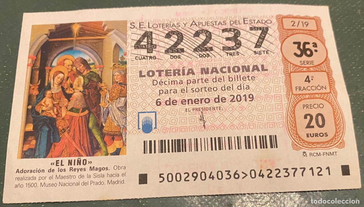 Nationale spanische Lotterie: D&eacute;cimo de Loter&iacute;a Nacional del Ni&ntilde;o 2019. N&ordm; 42237. Sello Admon. n&ordm; 41 de Sevilla por detr&aacute;s.