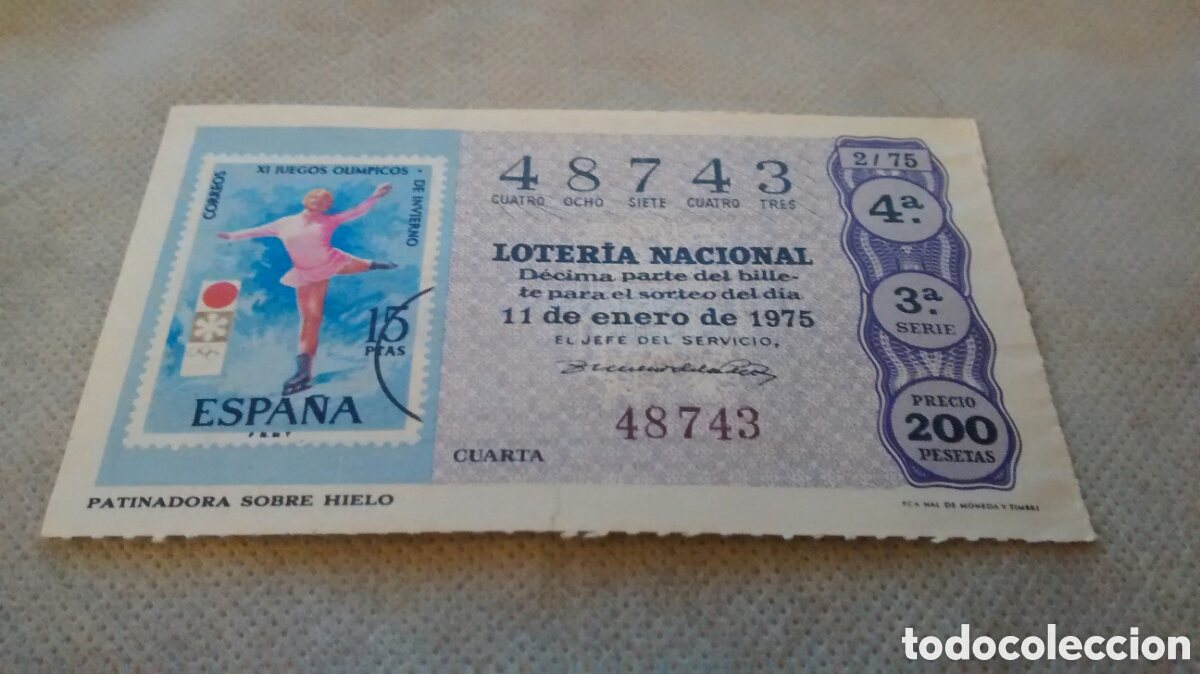 National Spanish Lottery: DECIMO DE LA LOTERIA NACIONAL. SORTEO 11 ENERO 1975 2/75 PATINADORA SOBRE HIELO