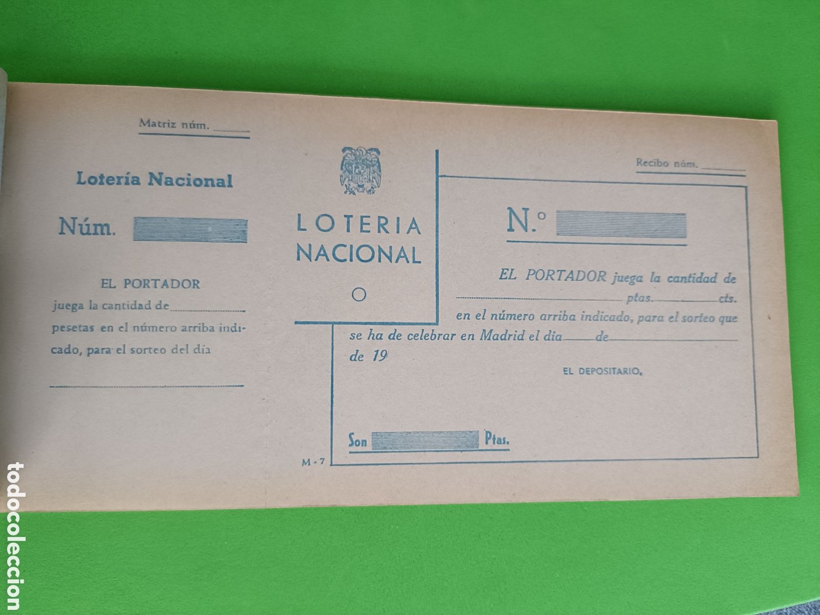 National Spanish Lottery: A&ntilde;os 60 70 Talonario completo Loter&iacute;a nacional pesetas Franco bandera &Aacute;guila imperial