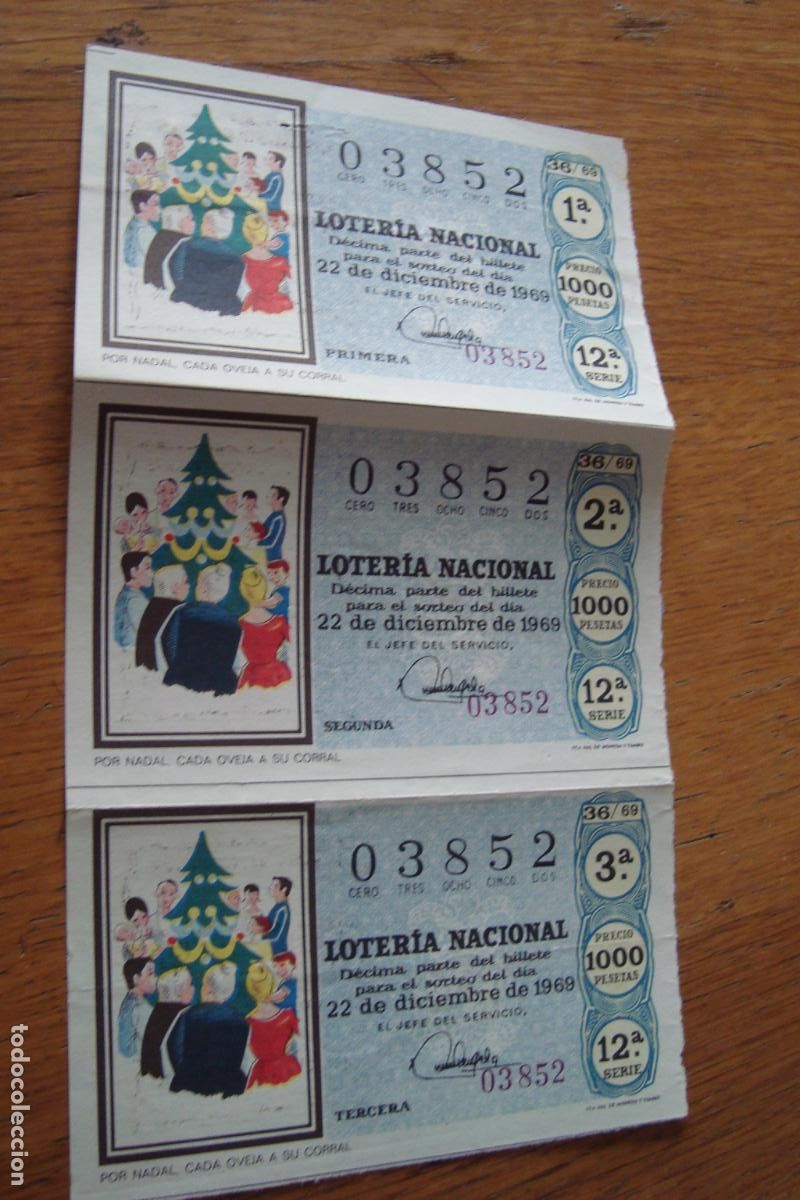 National Spanish Lottery: 3 CUPONES LOTERIA NAVIDAD 1969. SELLADO EN ADMON N&ordm; 48 MARIA TORN&Eacute;. BARCELONA