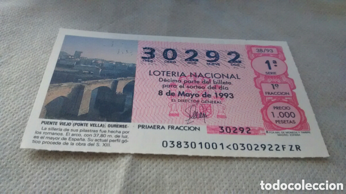 National Spanish Lottery: DECIMO DE LA LOTERIA NACIONAL. SORTEO 8 MAYO 1993 38/93 PUENTE VIEJO, OURENSE