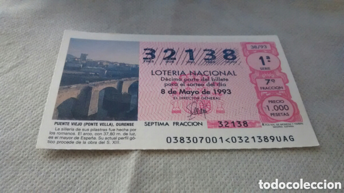 National Spanish Lottery: DECIMO DE LA LOTERIA NACIONAL. SORTEO 8 MAYO 1993 38/93 PUENTE VIEJO, OURENSE