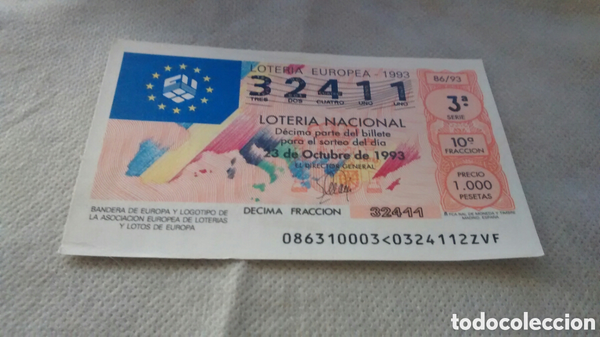 National Spanish Lottery: DECIMO DE LA LOTERIA NACIONAL. SORTEO 23 OCTUBRE 1993 86/93 LOTERIA EUROPEA, BANDERA DE EUROPA