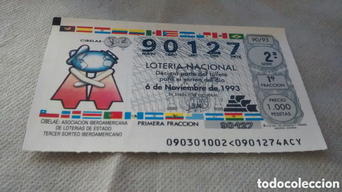 National Spanish Lottery: DECIMO DE LA LOTERIA NACIONAL. SORTEO 23 OCTUBRE 1993 90/93 CIBELAE