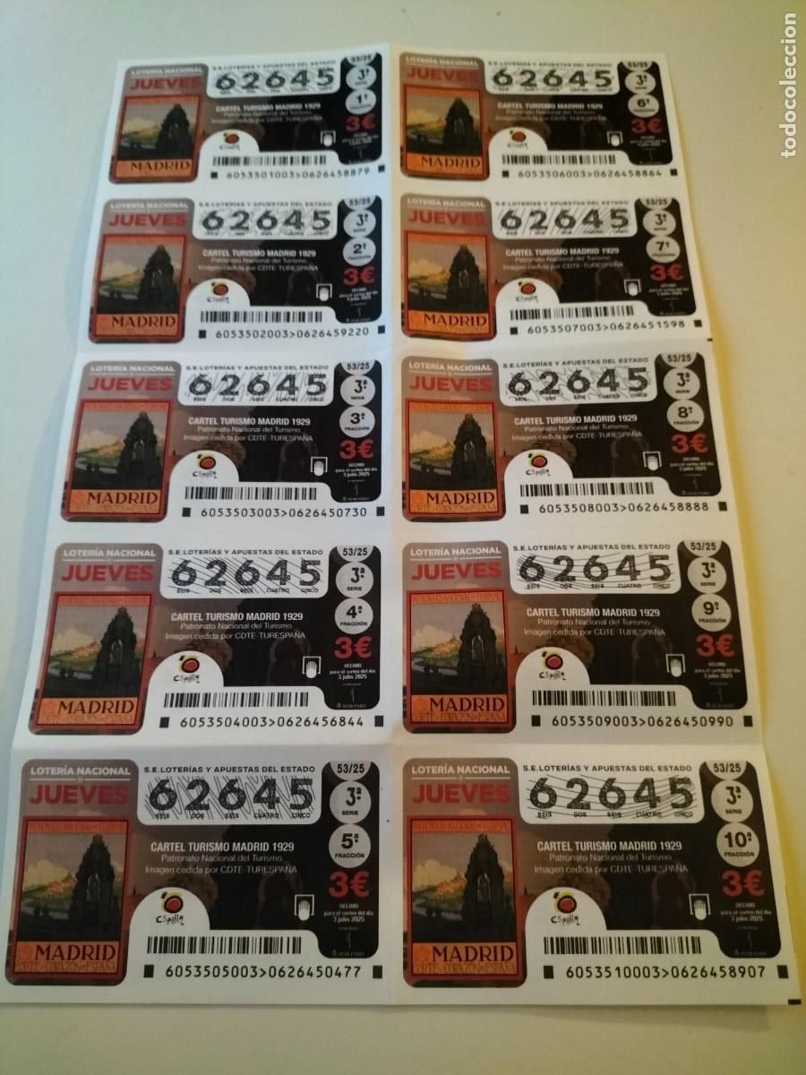 National Spanish Lottery: 1 BILLETE COMPLETO LOTERIA NACION JUEVES 3 JULIO 2025 53/25 PATRONATO NACIONAL TURISMO CARTEL MADRID