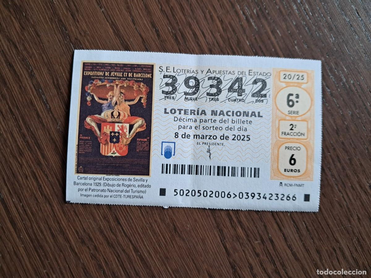National Spanish Lottery: d&eacute;cimo loter&iacute;a nacional de d&iacute;a 08-03-25, cartel original exposici&oacute;n Sevilla y Barcelona 1929. 20/25
