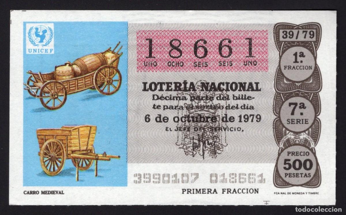 National Spanish Lottery: L. Nacional 6 Octubre 1979. Carro medieval. N&ordm; 18661. Admon 2 Sonsoles. &Aacute;vila. Desaparecida.