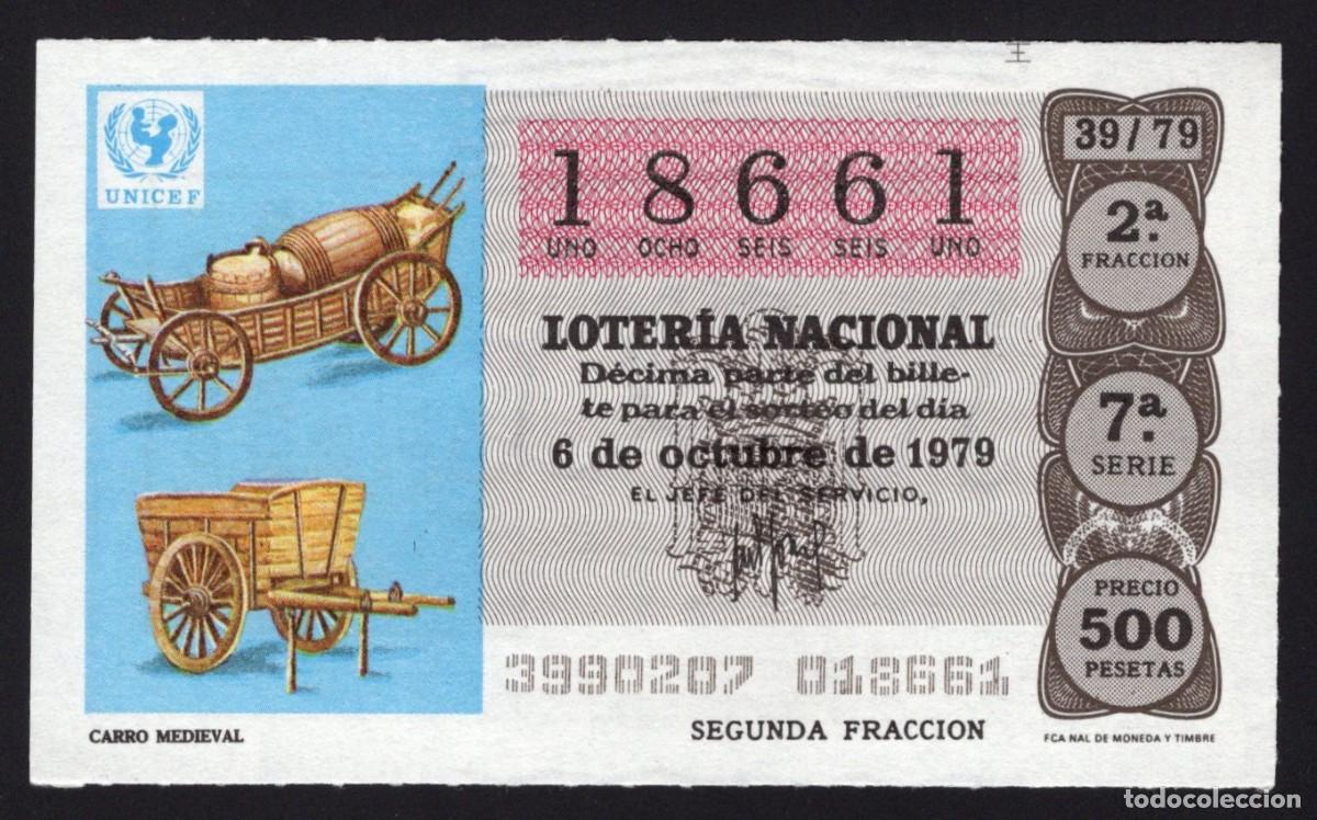 National Spanish Lottery: L. Nacional 6 Octubre 1979. Carro medieval. N&ordm; 18661. Admon 2 Sonsoles. &Aacute;vila. Desaparecida.