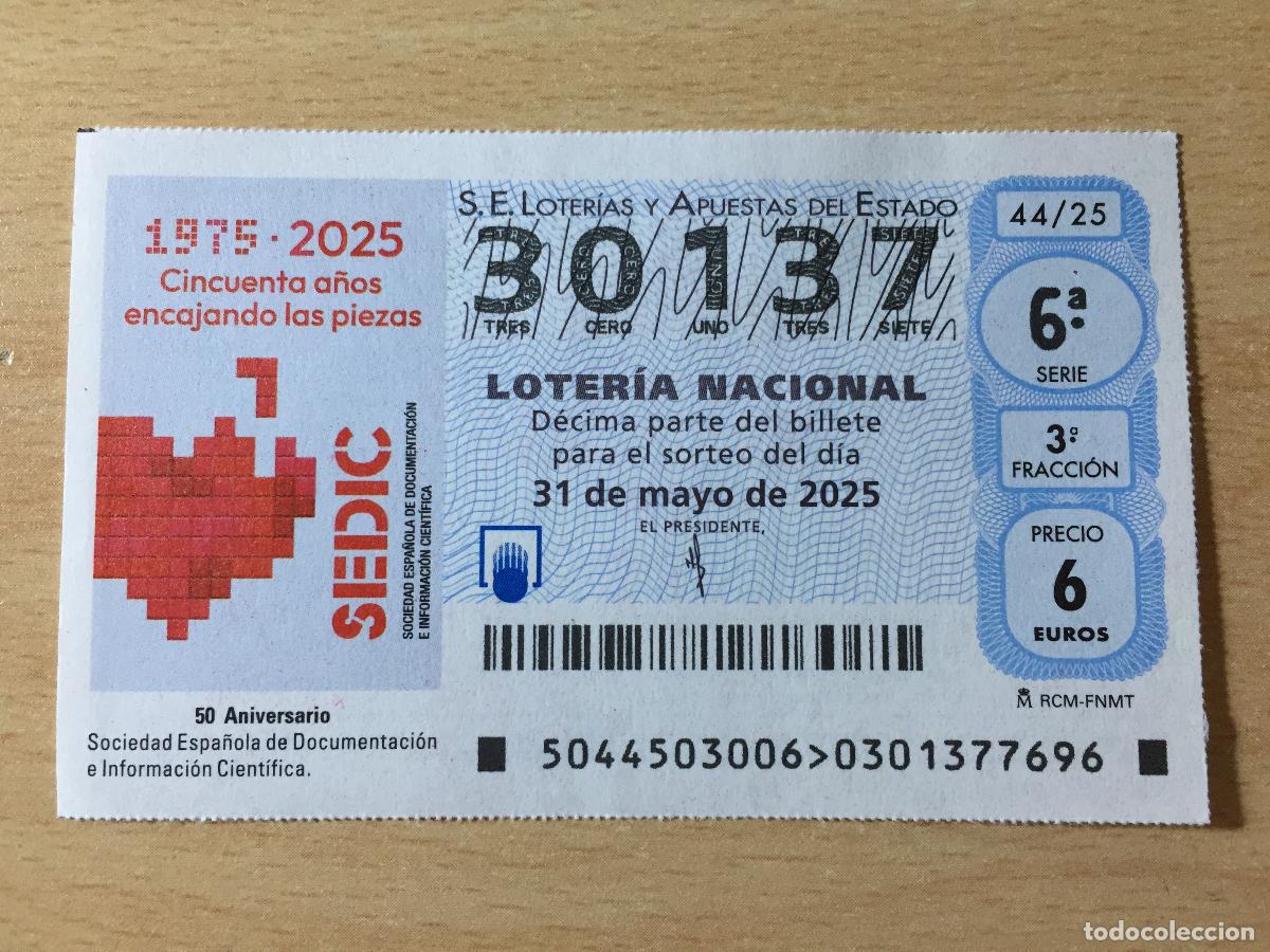 National Spanish Lottery: LOTERIA NACIONAL - 31-05-2025 - 30137 - 50 Aniversario SEDIC