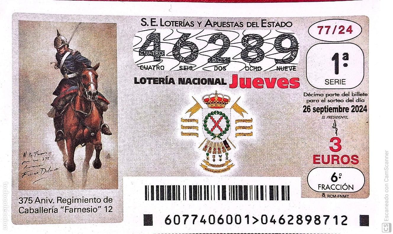 Nationale spanische Lotterie: Espa&ntilde;a. Loter&iacute;a. 2024. Sorteo: 77 Aniversario Regimiento de Caballer&iacute;a Farnesio 12. Fecha: 26 septi