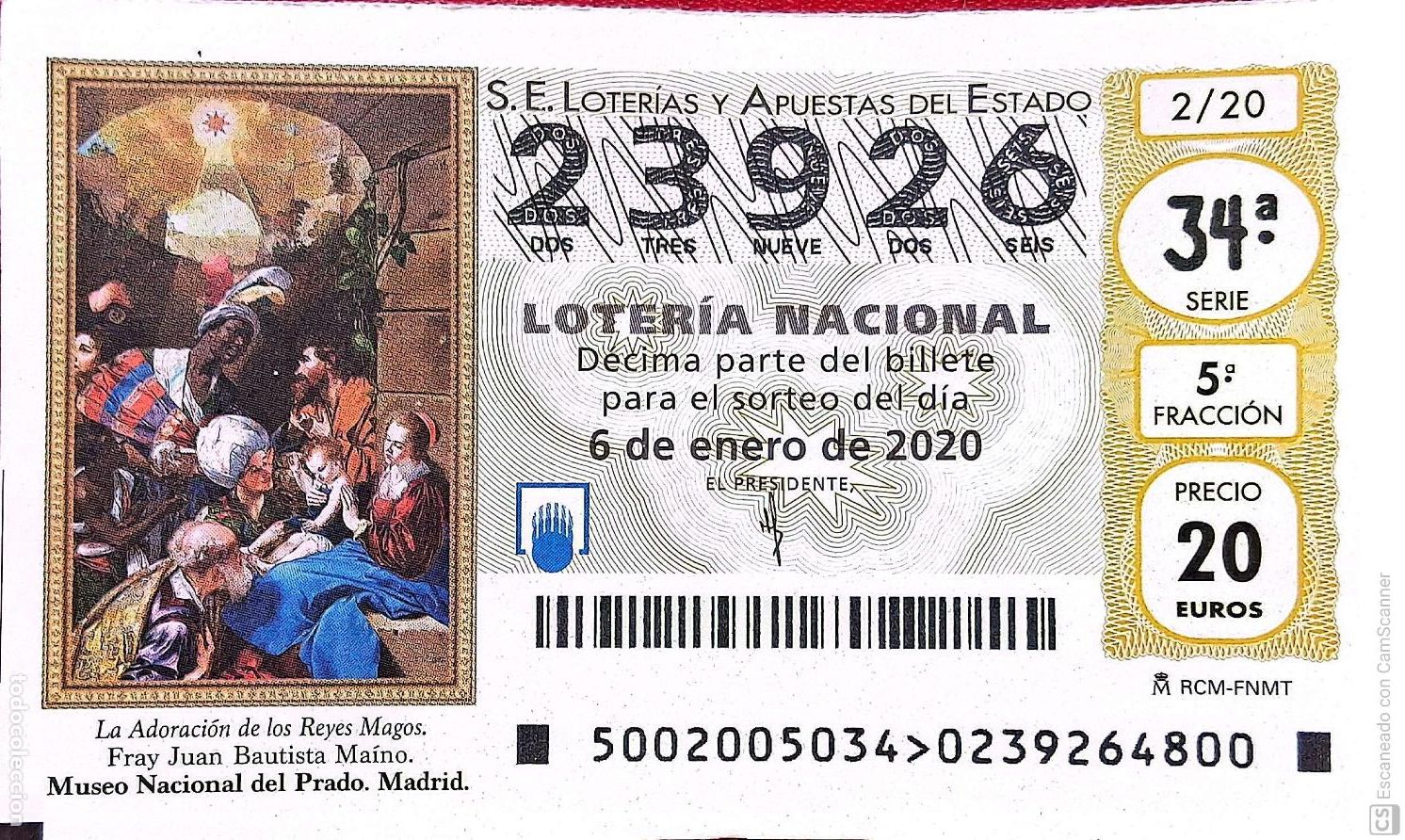 Nationale spanische Lotterie: Espa&ntilde;a. Loter&iacute;a. 2020. Sorteo: 2 La Adoraci&oacute;n de los Reyes Magos de Maino. Fecha: 6 enero