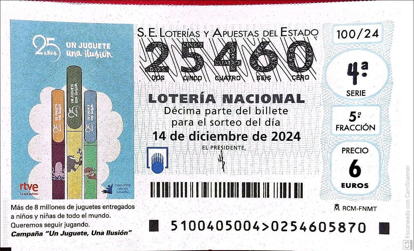 Lotaria Nacional: Espa&ntilde;a. Loter&iacute;a. 2024. Sorteo: 100 Campa&ntilde;a: Un juguete, Una ilusi&oacute;n. 14 diciembre. Fecha: