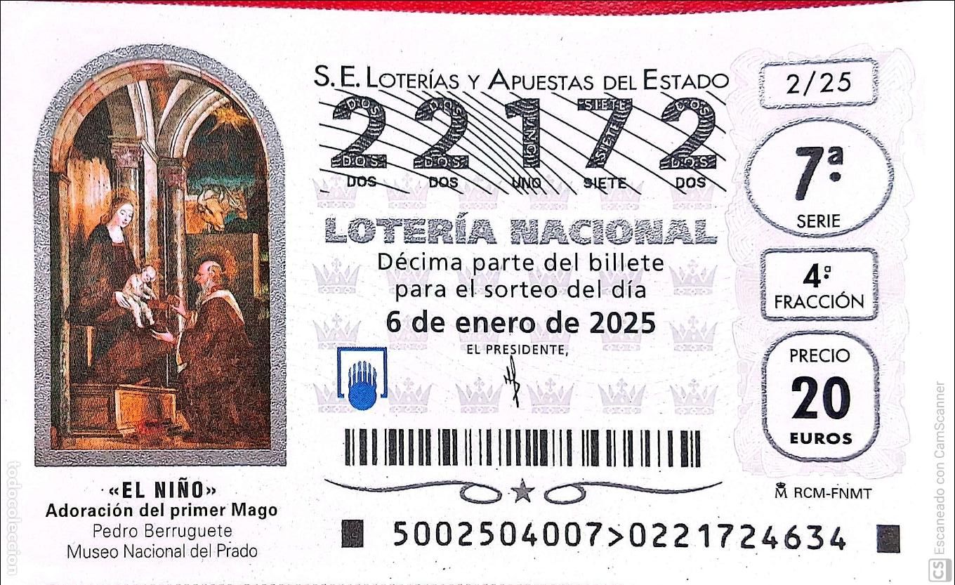 Lotaria Nacional: Espa&ntilde;a. Loter&iacute;a. 2025. Sorteo: 2 El Ni&ntilde;o. Adoraci&oacute;n del primer Mago de Pedro Berruguete. Museo del P