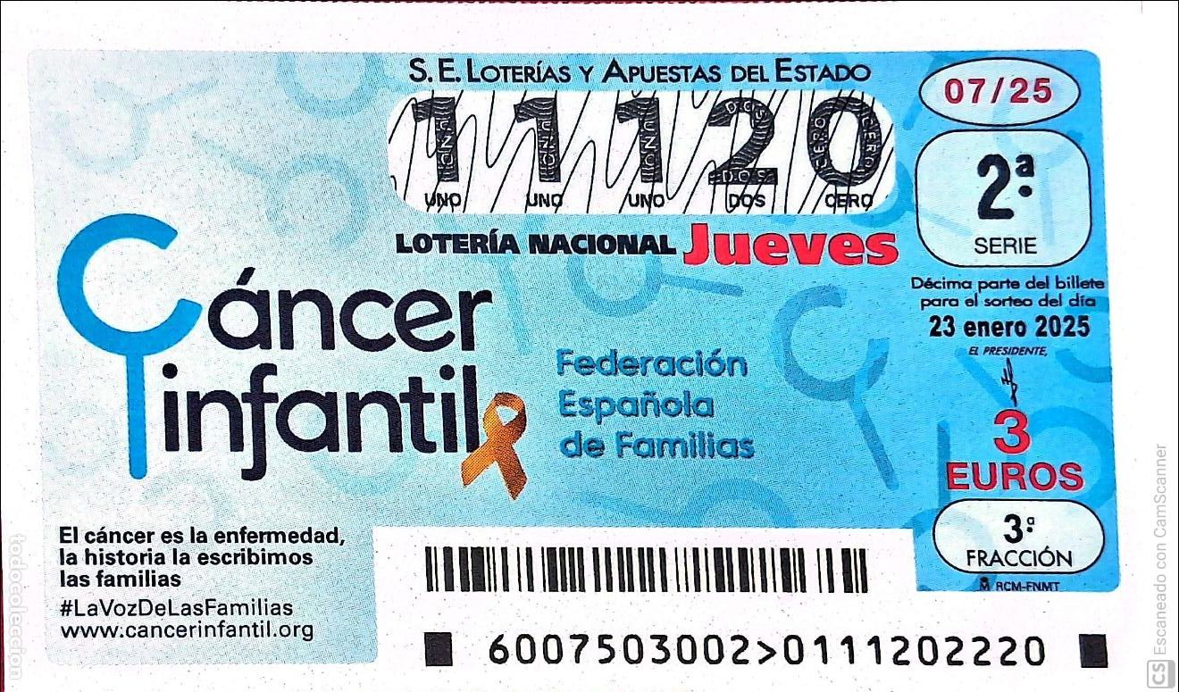 Lotaria Nacional: Espa&ntilde;a. Loter&iacute;a. 2025. Sorteo: 7 C&aacute;ncer infantil. Federaci&oacute;n Espa&ntilde;ola de Familias. Fecha: 23 enero