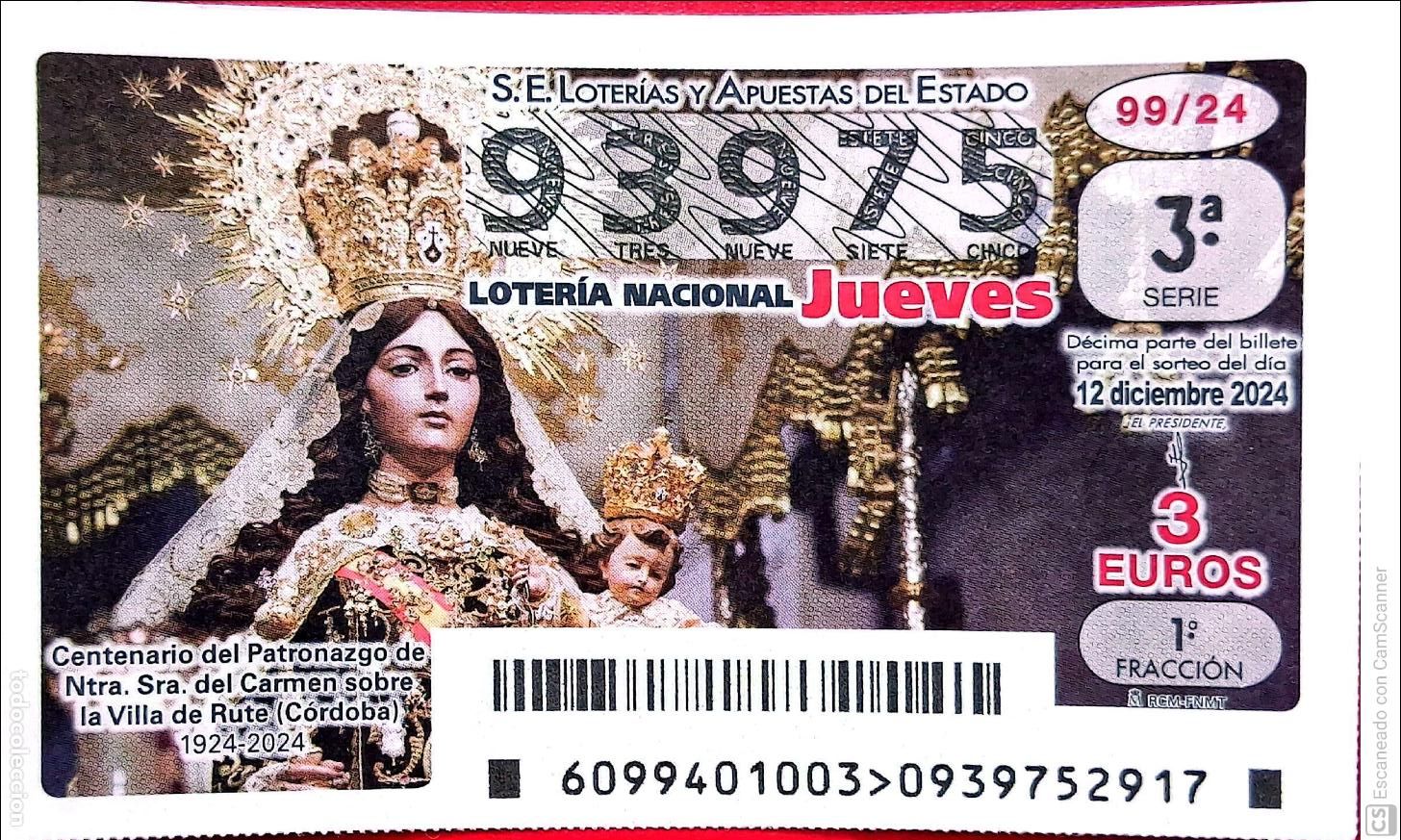 Lotaria Nacional: Espa&ntilde;a. Loter&iacute;a. 2024. Sorteo: 99 Patronazgo de Ntra. Sra. del Carmen sobre la Villa de Rute (C&oacute;rdo