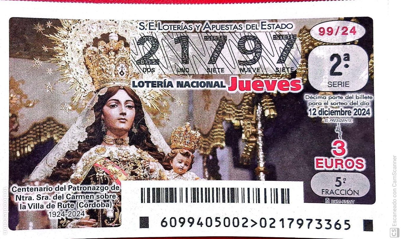 Lotaria Nacional: Espa&ntilde;a. Loter&iacute;a. 2024. Sorteo: 99 Patronazgo de Ntra. Sra. del Carmen sobre la Villa de Rute (C&oacute;rdo
