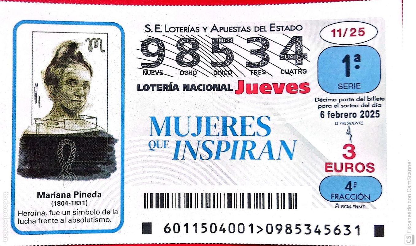 Lotaria Nacional: Espa&ntilde;a. Loter&iacute;a. 2025. Sorteo: 11 Mujeres que Inspiran: Mariana Pineda. Fecha: 6 febrero