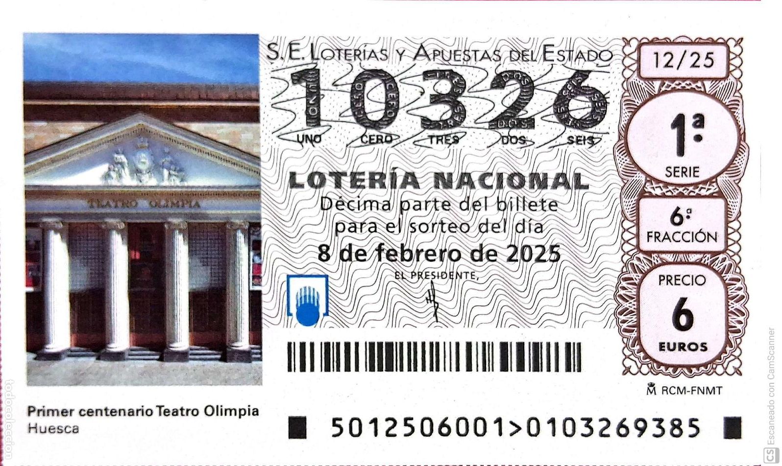 Lotaria Nacional: Espa&ntilde;a. Loter&iacute;a. 2025. Sorteo: 12 Primer Centenario Teatro Olimpia, Huesca. Fecha: 8 febrero.
