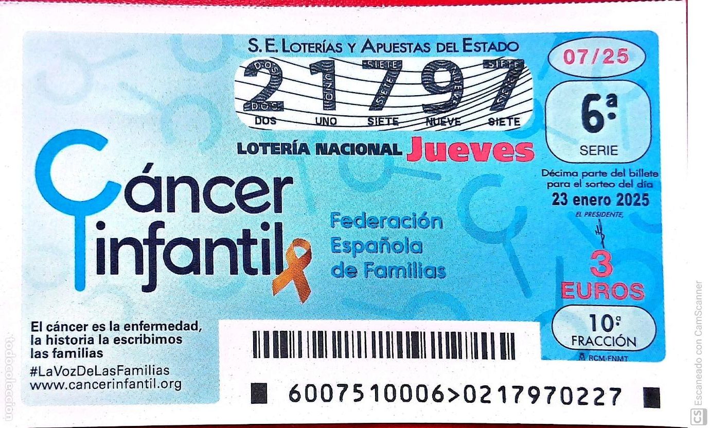 Lotaria Nacional: Espa&ntilde;a. Loter&iacute;a. 2025. Sorteo: 7 C&aacute;ncer infantil. Federaci&oacute;n Espa&ntilde;ola de Familias. Fecha: 23 enero