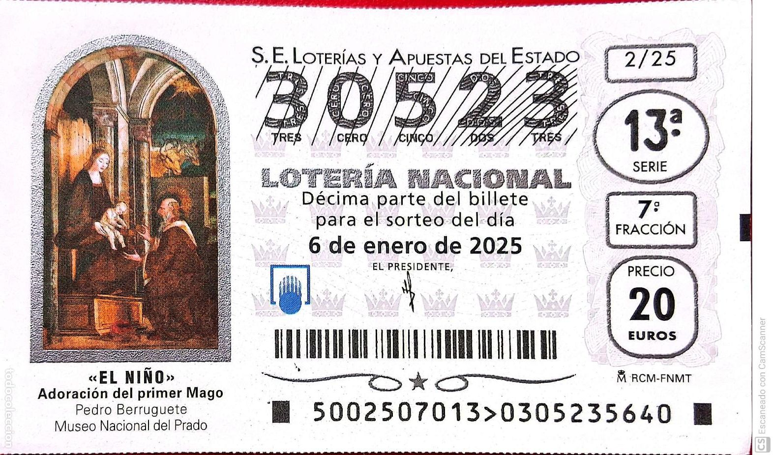 Lotaria Nacional: Espa&ntilde;a. Loter&iacute;a. 2025. Sorteo: 2 El Ni&ntilde;o. Adoraci&oacute;n del primer Mago de Pedro Berruguete. Museo del P