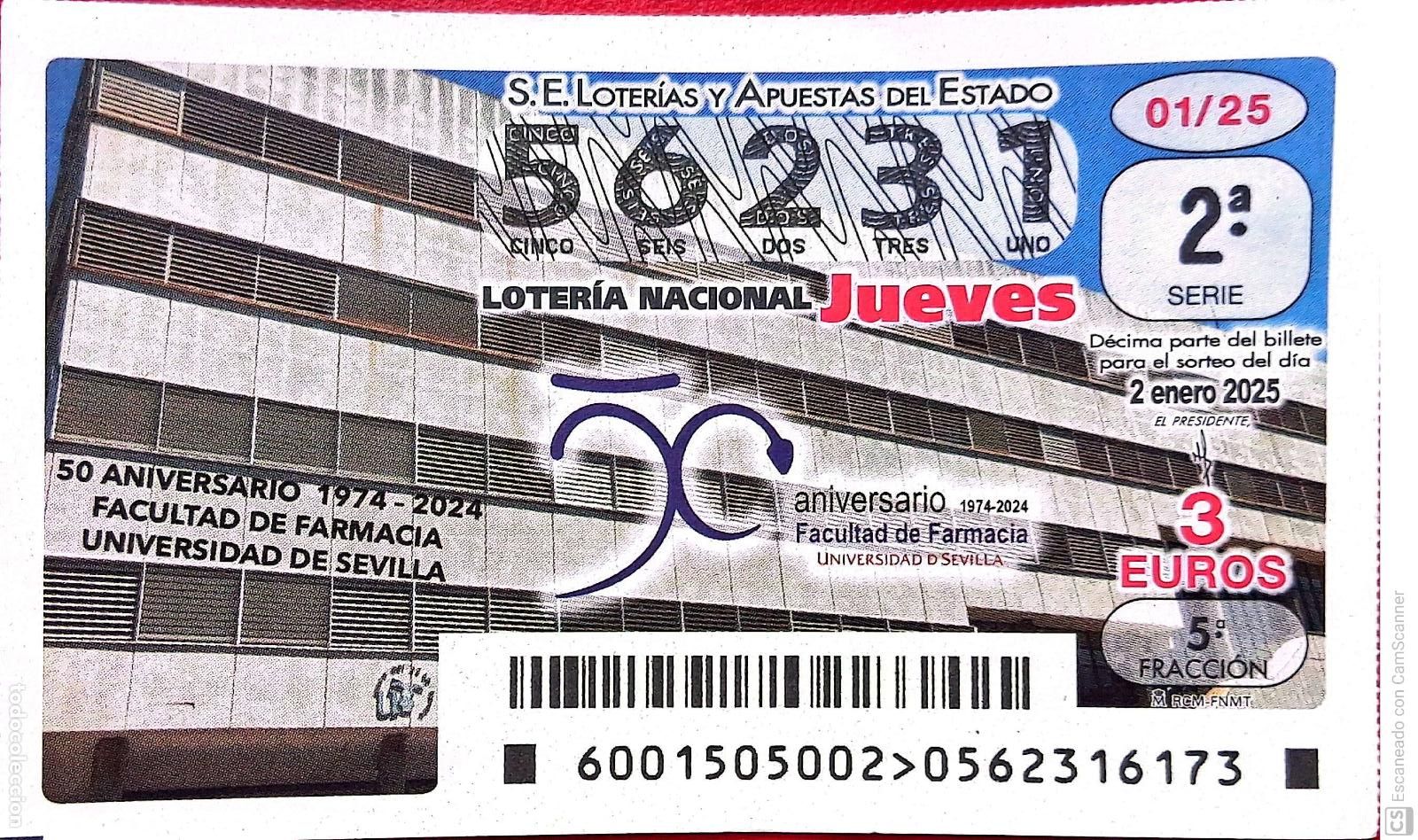 Lotaria Nacional: Espa&ntilde;a. Loter&iacute;a. 2025. Sorteo: 1 Aniversario Facultad de Farmacia Universidad de Sevilla. Fecha: 2 e