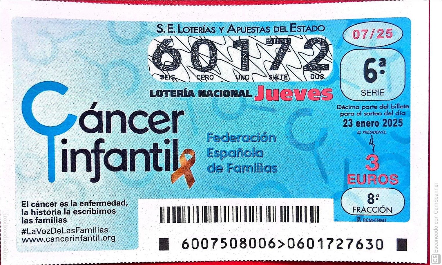 Lotaria Nacional: Espa&ntilde;a. Loter&iacute;a. 2025. Sorteo: 7 C&aacute;ncer infantil. Federaci&oacute;n Espa&ntilde;ola de Familias. Fecha: 23 enero